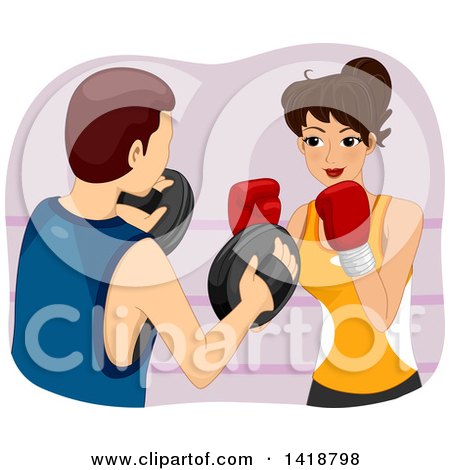 Clipart of a Brunette Caucasian Woman Boxing with a Teacher - Royalty Free Vector Illustration by BNP Design Studio