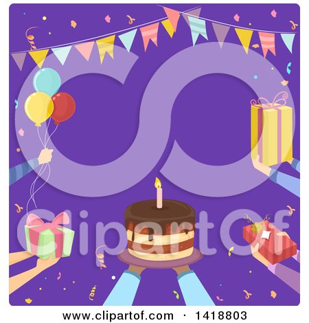 Clipart of a Border of Hands Holding out Birthday Gifts and a Cake - Royalty Free Vector Illustration by BNP Design Studio