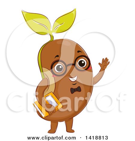 Clipart of a Smart Bean Mascot Wearing Glasses, Waving and Holding a Book - Royalty Free Vector Illustration by BNP Design Studio