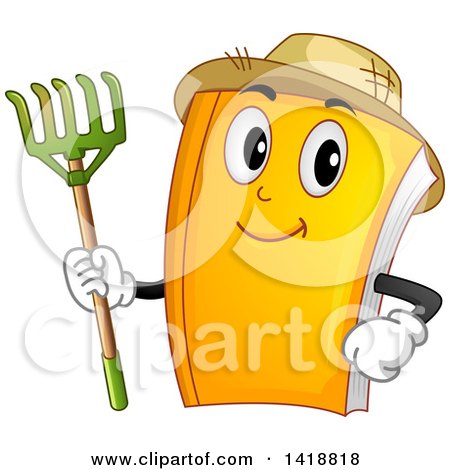 Clipart of a Book Mascot Farmer Wearing a Straw Hat and Holding a Rake - Royalty Free Vector Illustration by BNP Design Studio