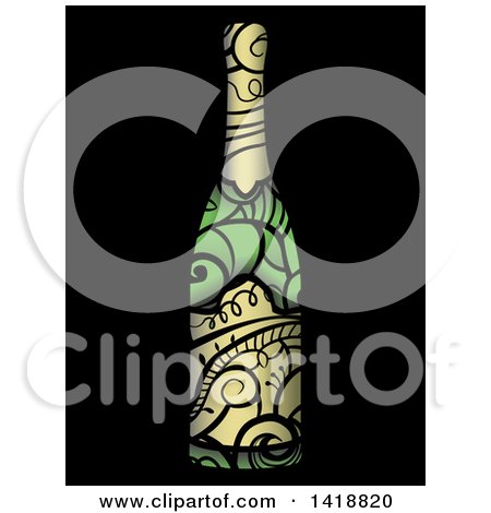 Clipart of a Wine Bottle with Swirl Vines on Black - Royalty Free Vector Illustration by BNP Design Studio