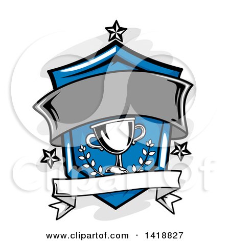 Clipart of a Blue Sports Shield with a Trophy and Blank Banners - Royalty Free Vector Illustration by BNP Design Studio