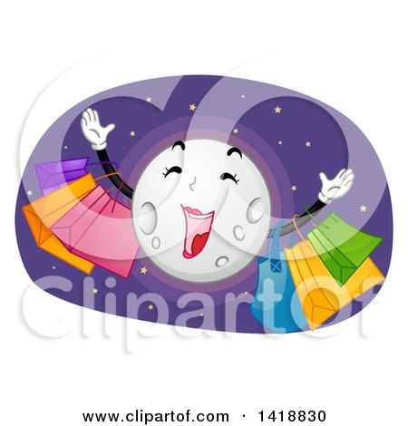 Clipart of a Happy Moon on a Shopping Spree - Royalty Free Vector Illustration by BNP Design Studio