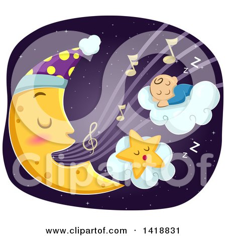 Clipart of a Crescent Moon Singing a Lullaby to a Sleeping Star and Baby - Royalty Free Vector Illustration by BNP Design Studio
