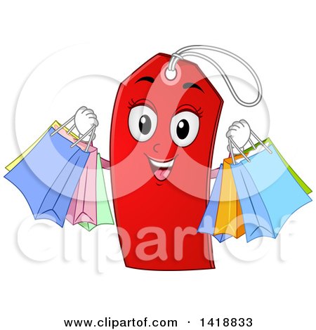 Clipart of a Red Price Tag Holding Shopping Bags - Royalty Free Vector Illustration by BNP Design Studio