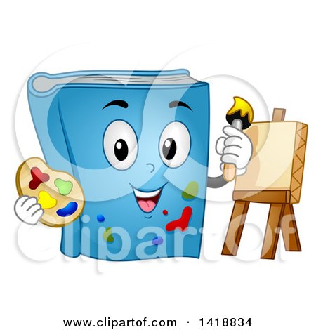 Clipart of a Blue Book Mascot Painting on Canvas - Royalty Free Vector Illustration by BNP Design Studio