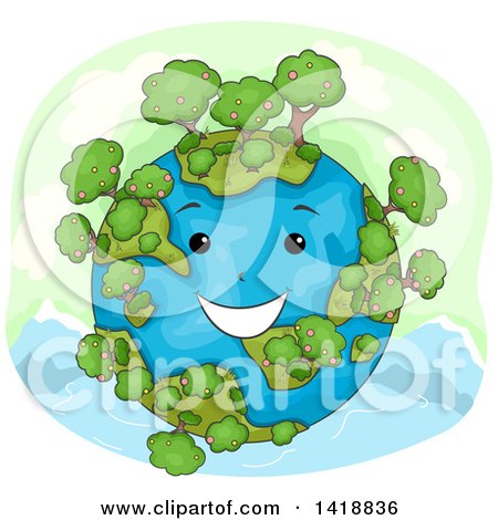 Clipart of a Happy Earth Character with Trees - Royalty Free Vector Illustration by BNP Design Studio