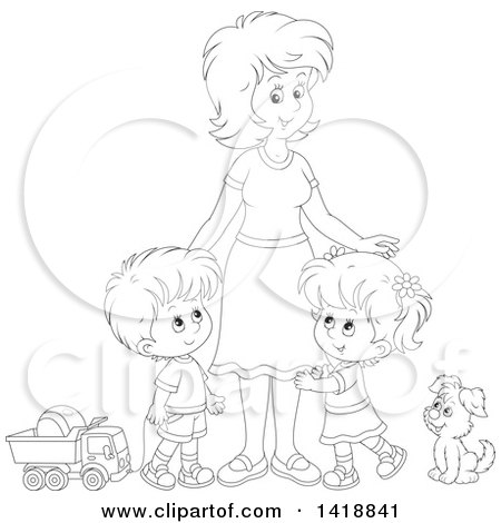 Clipart of a Cartoon Black and White Lineart Mother with Her Son and Daughter, a Dog and Toys - Royalty Free Vector Illustration by Alex Bannykh