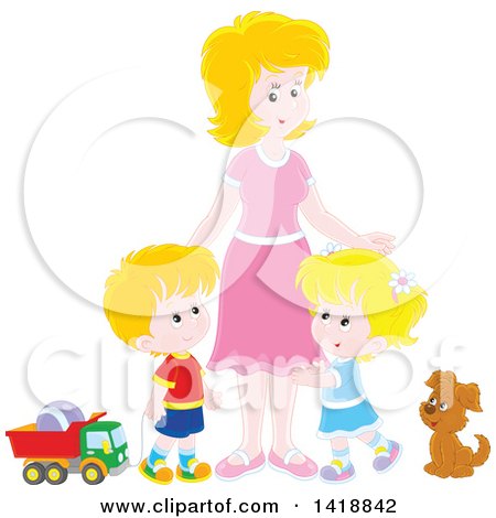 Clipart of a Cartoon White Mother with Her Son and Daughter, a Dog and Toys - Royalty Free Vector Illustration by Alex Bannykh