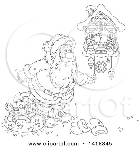 Clipart of a Cartoon Black and White Lineart Christmas Santa Claus Looking at a Cuckoo Clock - Royalty Free Vector Illustration by Alex Bannykh