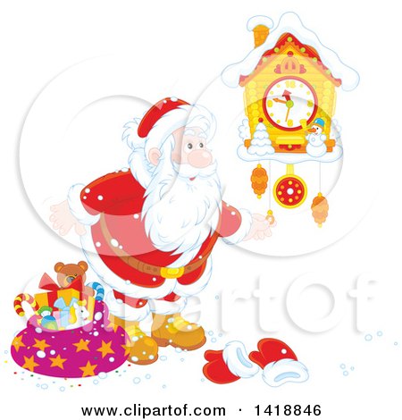 Clipart of a Cartoon Christmas Santa Looking at a Cuckoo Clock - Royalty Free Vector Illustration by Alex Bannykh