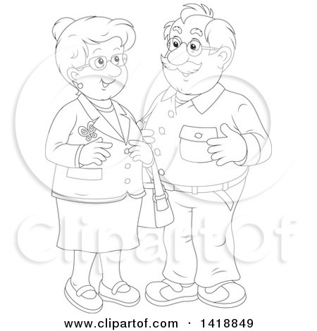 Clipart of a Black and White Lineart Happy Senior Couple Smiling - Royalty Free Vector Illustration by Alex Bannykh