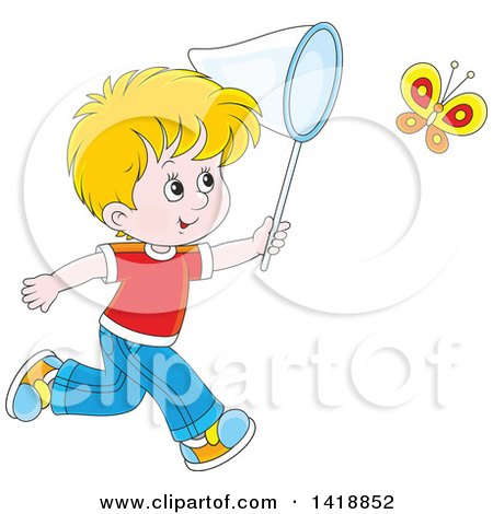 Clipart of a Cartoon Happy Caucasian Boy Chasing a Butterfly with a Net - Royalty Free Vector Illustration by Alex Bannykh