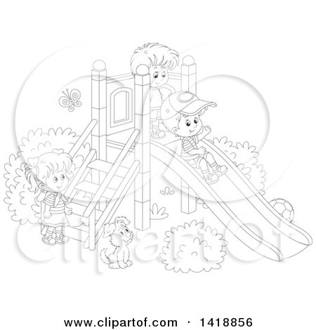 Clipart of a Cartoon Black and White Lineart Dog Watching Children Play on a Slide on a Playground - Royalty Free Vector Illustration by Alex Bannykh
