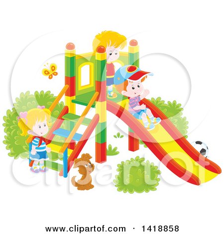 Clipart of a Cartoon Dog Watching Kids Play on a Slide on a Playground - Royalty Free Vector Illustration by Alex Bannykh