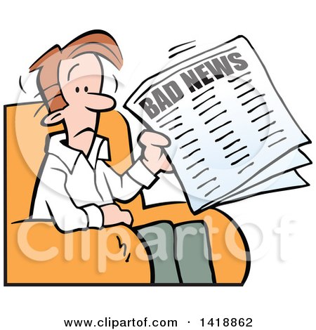 Clipart of a Cartoon Sad Brunette Caucasian Man Reading Bad News in the Paper - Royalty Free Vector Illustration by Johnny Sajem