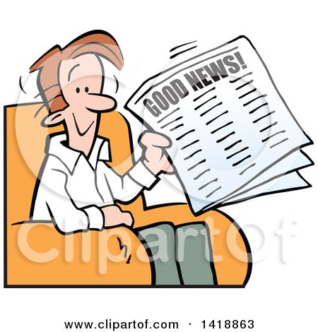 Clipart of a Cartoon Happy Brunette Caucasian Man Reading Good News in the Paper - Royalty Free Vector Illustration by Johnny Sajem