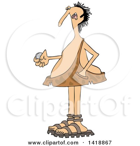 Clipart of a Cartoon Caveman Ready to Flip a Coin - Royalty Free Vector Illustration by djart