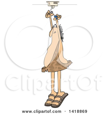 Clipart of a Cartoon Caveman Standing on His Tip Toes and Putting a Battery in a Smoke Detector - Royalty Free Vector Illustration by djart