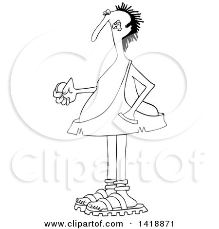 Clipart of a Cartoon Black and White Lineart Caveman Ready to Flip a Coin - Royalty Free Vector Illustration by djart