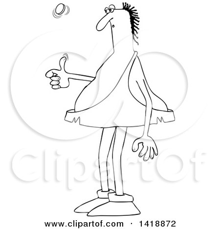 Clipart of a Cartoon Black and White Lineart Caveman Flipping a Coin - Royalty Free Vector Illustration by djart