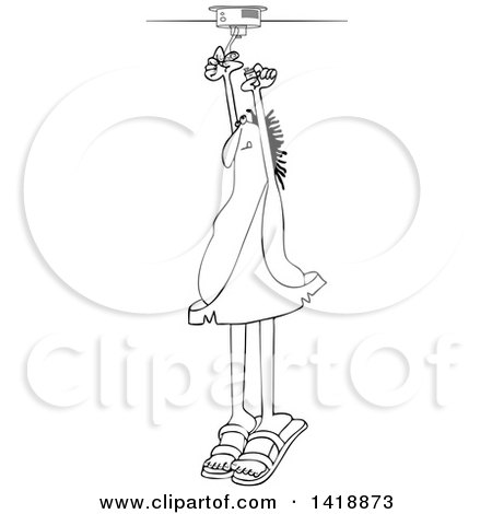 Clipart of a Cartoon Black and White Lineart Caveman Standing on His Tip Toes and Putting a Battery in a Smoke Detector - Royalty Free Vector Illustration by djart