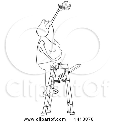 Clipart of a Cartoon Black and White Woman Standing on a Ladder and Changing a Battery in a Smoke Detector - Royalty Free Vector Illustration by djart