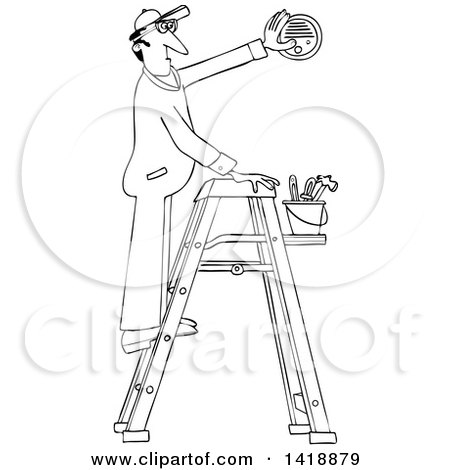 Clipart of a Cartoon Black and White Lineart Maintenance Worker Man on a Ladder, Installing a Smoke Detector - Royalty Free Vector Illustration by djart