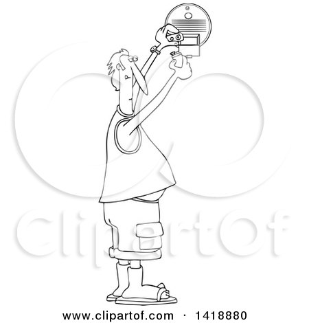 Clipart of a Cartoon Black and White Lineart Chubby Man Putting a New Battery in a Smoke Detector - Royalty Free Vector Illustration by djart