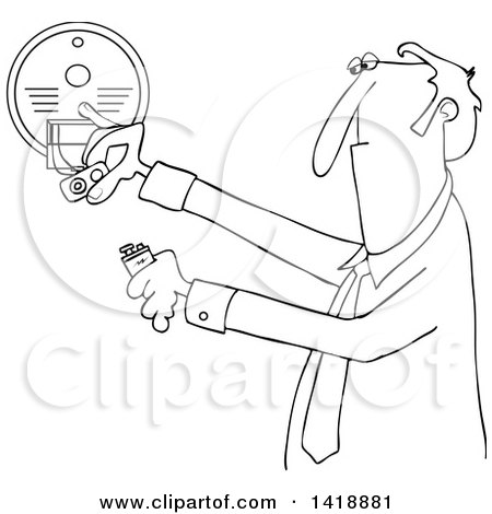Clipart of a Cartoon Black and White Lineart Business Man Installing a New Battery in a Smoke Detector - Royalty Free Vector Illustration by djart