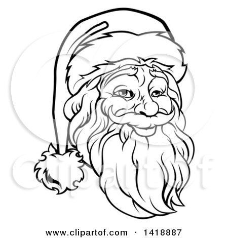 Clipart of a Black and White Lineart Portrait of a Santa Claus Face - Royalty Free Vector Illustration by AtStockIllustration