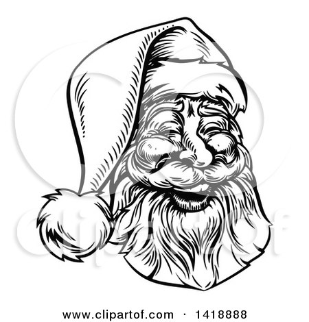 Clipart of a Black and White Lineart Portrait of a Jolly Santa Claus Face - Royalty Free Vector Illustration by AtStockIllustration