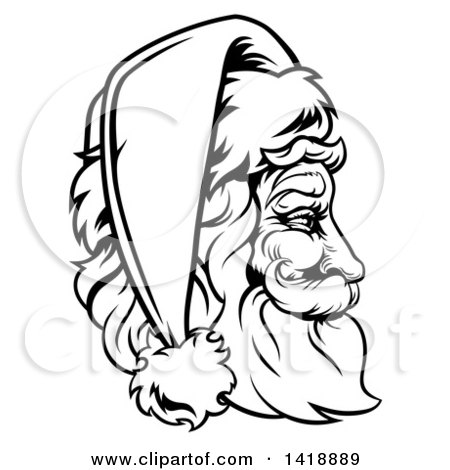 Clipart of a Black and White Lineart Profile Portrait of a Jolly Santa Claus Face - Royalty Free Vector Illustration by AtStockIllustration