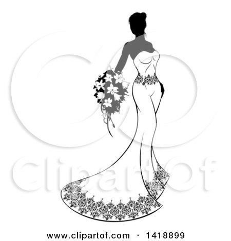 Clipart of a Silhouetted Black and White Bride in Her Gown - Royalty Free Vector Illustration by AtStockIllustration