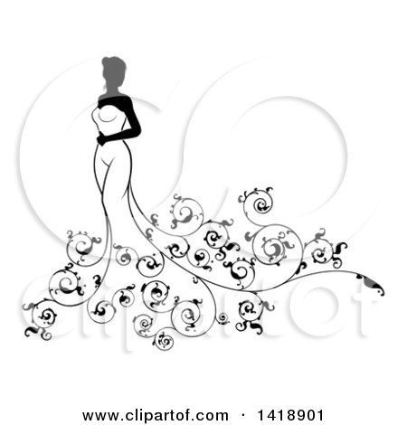 Clipart of a Silhouetted Black and White Bride in Her Gown with Swirls - Royalty Free Vector Illustration by AtStockIllustration