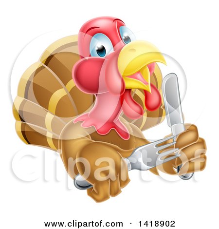 Clipart of a Thanksgiving Turkey Bird Holding Silverware - Royalty Free Vector Illustration by AtStockIllustration