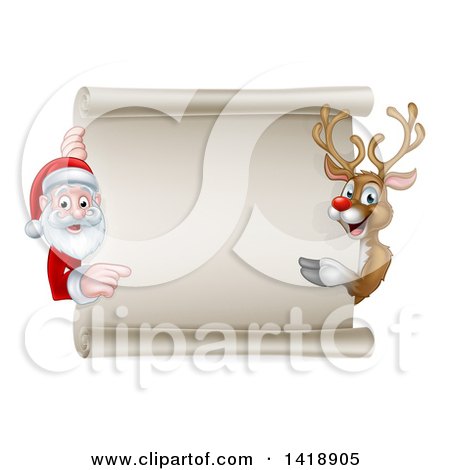 Clipart of a Christmas Reindeer and Santa Claus Pointing Around a Blank Scroll Sign - Royalty Free Vector Illustration by AtStockIllustration