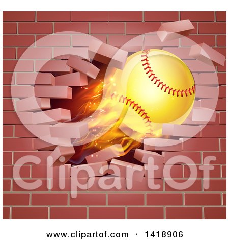 Clipart of a 3d Flying and Blazing Softball with a Trail of Flames, Breaking Through a Brick Wall - Royalty Free Vector Illustration by AtStockIllustration