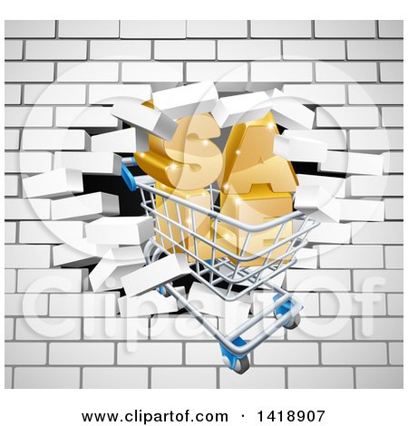 Clipart of a Shopping Cart and SALE Crashing Through a 3d White Brick Wall - Royalty Free Vector Illustration by AtStockIllustration