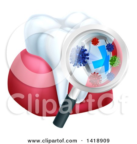 Clipart of a 3d Magnifying Glass Discovering Germs or Bacteria on a Tooth and Gums - Royalty Free Vector Illustration by AtStockIllustration