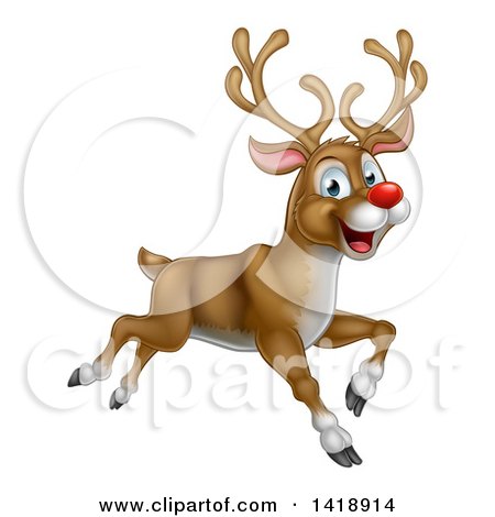 Clipart of a Happy Rudolph Red Nosed Reindeer Leaping or Flying - Royalty Free Vector Illustration by AtStockIllustration