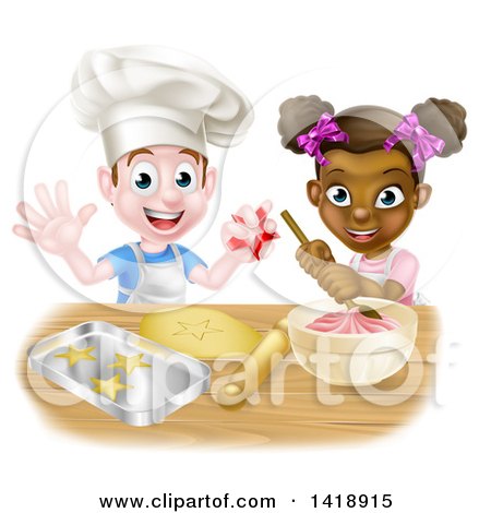 Clipart of a Happy White Boy Making Making Star Cookies and Black Girl Making Frosting - Royalty Free Vector Illustration by AtStockIllustration