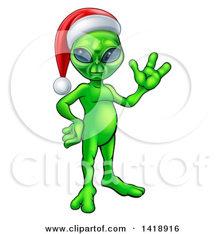 Clipart of a Green Alien Wearing a Christmas Santa Hat and Waving - Royalty Free Vector Illustration by AtStockIllustration