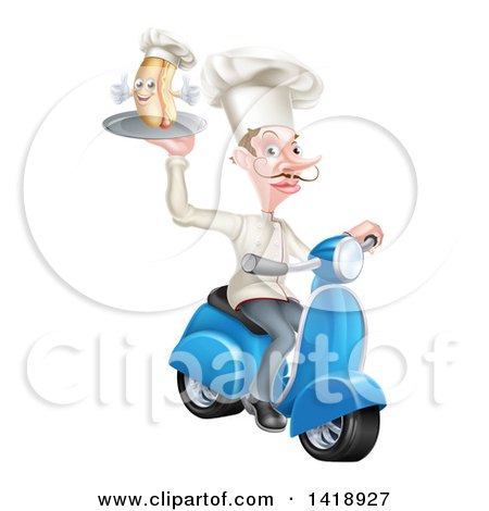 Clipart of a White Male French Chef with a Curling Mustache, Holding a Hot Dog on a Scooter - Royalty Free Vector Illustration by AtStockIllustration