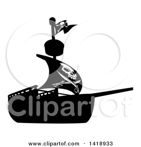 Clipart of a Black and White Silhouetted Pirate Ship with a Jolly Roger Flag - Royalty Free Vector Illustration by AtStockIllustration
