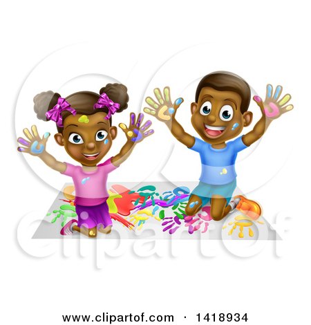 Clipart of a Cartoon Happy Black Girl and Boy Kneeling and Finger Painting Artwork - Royalty Free Vector Illustration by AtStockIllustration