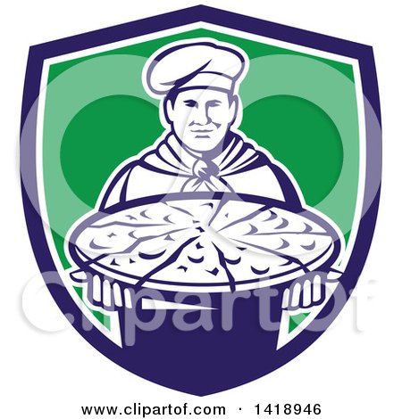 Clipart of a Retro Male Chef Holding a Pizza Pie on a Blue White and Green Shield - Royalty Free Vector Illustration by patrimonio