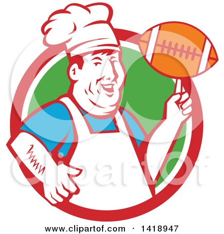 Clipart of a Retro Happy Chubby Male Chef Spinning a Football on His Finger in a Red White and Green Circle - Royalty Free Vector Illustration by patrimonio