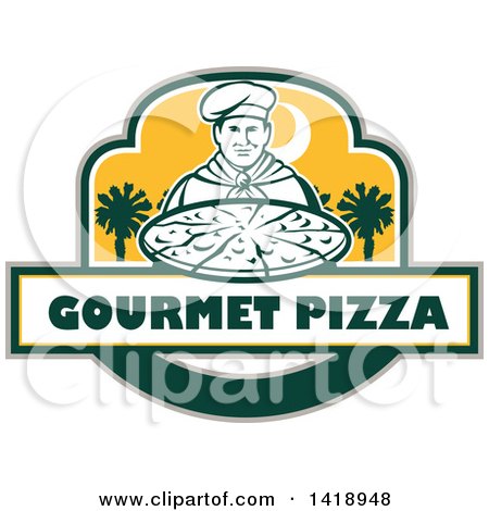 Clipart of a Retro Male Chef Holding a Pizza Pie with Text and Palmetto Trees - Royalty Free Vector Illustration by patrimonio