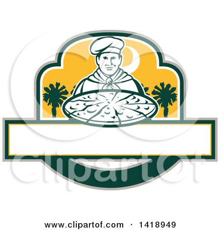 Clipart of a Retro Male Chef Holding a Pizza Pie with Palmetto Trees - Royalty Free Vector Illustration by patrimonio